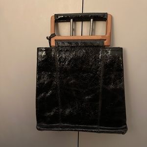 Black Crackle Patent Leather Tote with Wooden Handles (Dulce from Brazil)